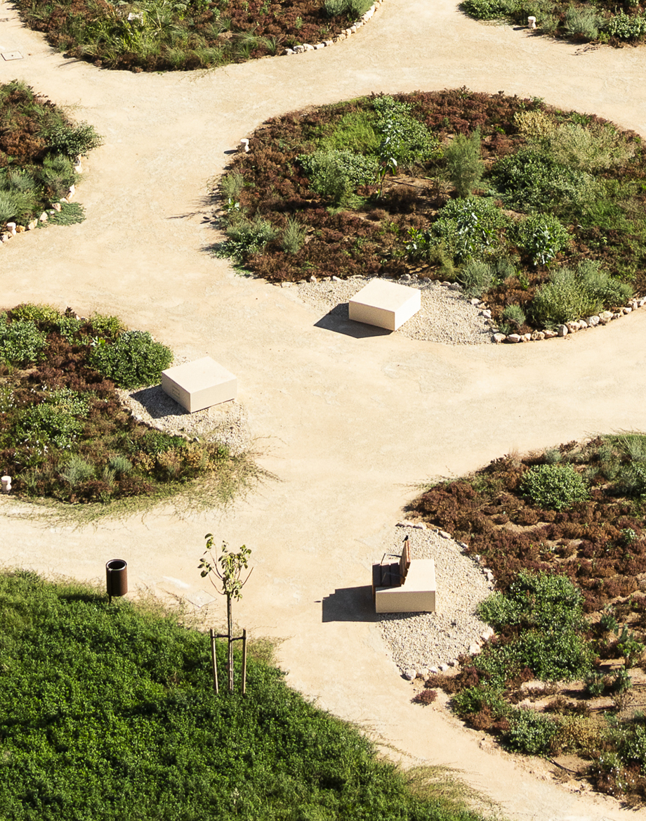 Mediterranean Gardens of La Hoya Park with benches Longo